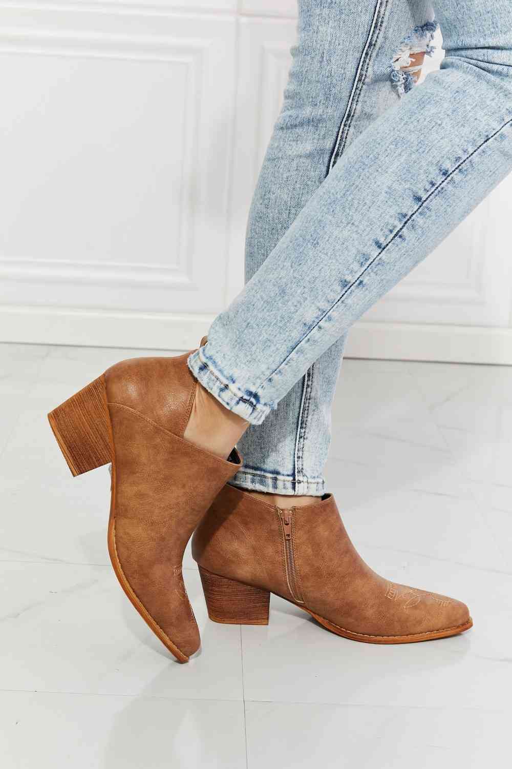 MMShoes Trust Yourself Embroidered Crossover Cowboy Bootie - Caramel