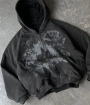 Y2K Castled Print Black Full Zip Up Hoodie