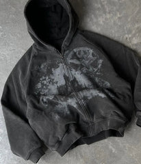 Y2K Castled Print Black Full Zip Up Hoodie