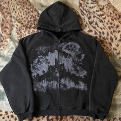 Y2K Castled Print Black Full Zip Up Hoodie