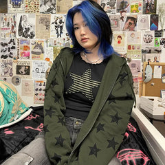 Y2K Star Collage Print Full Zip Up Hoodie