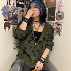 Y2K Star Collage Print Full Zip Up Hoodie