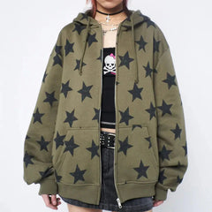 Y2K Star Collage Print Full Zip Up Hoodie