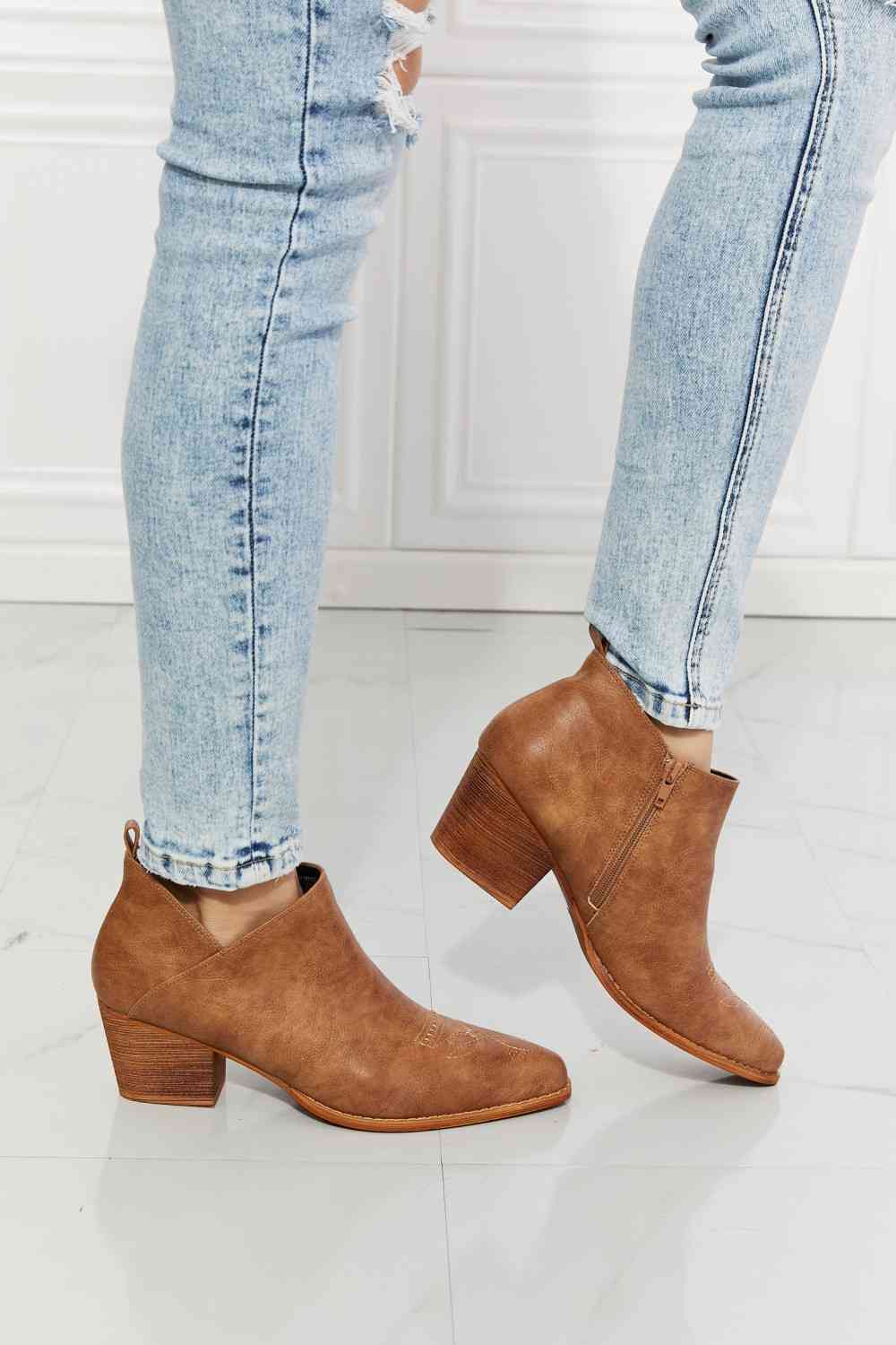 MMShoes Trust Yourself Embroidered Crossover Cowboy Bootie - Caramel